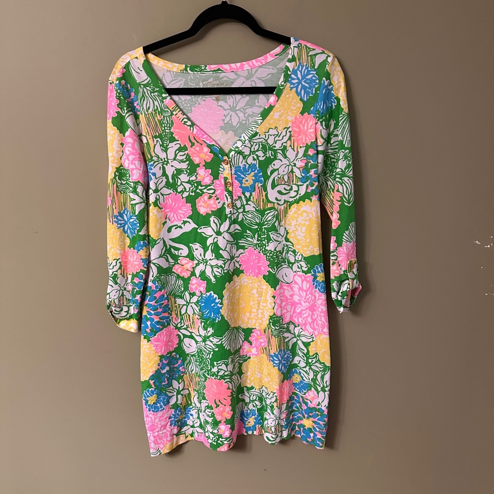 Lilly Pulitzer Palmetto Hibiscus Stroll Dress Tropical Floral Print Green Sz M‎